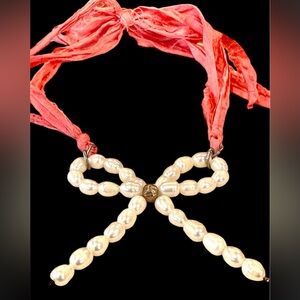Pearl Bow and Pink Ribbon Necklace